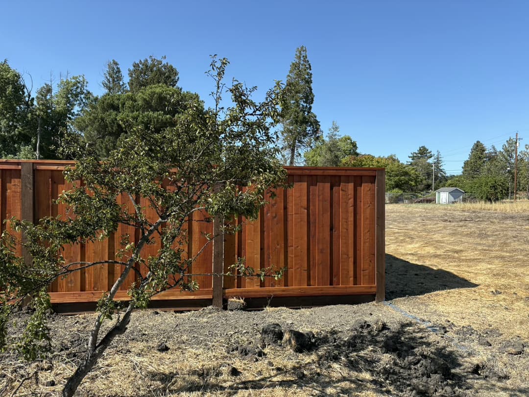 Wooden privacy fence installed along cleared property line.